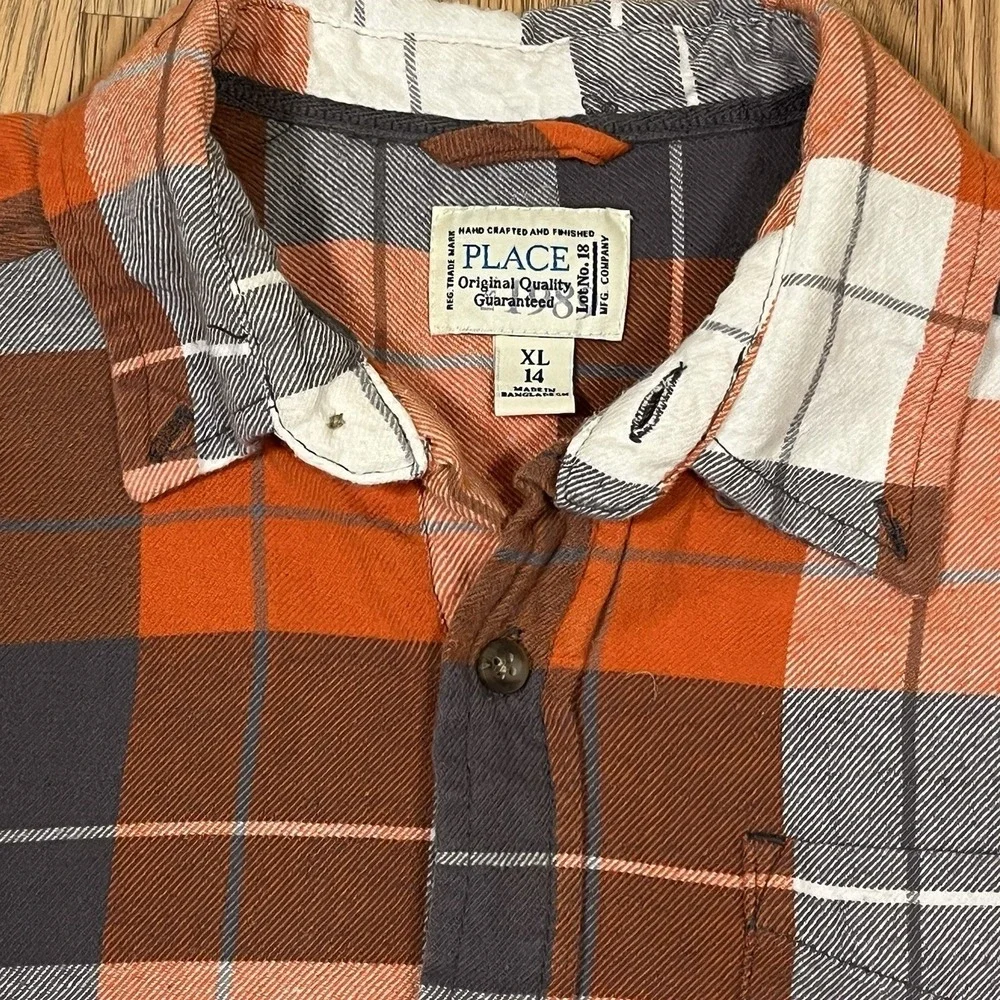 Kids The Children's‎ Place Orange Gray Flannel Button Shirt Size XL 14 Preppy